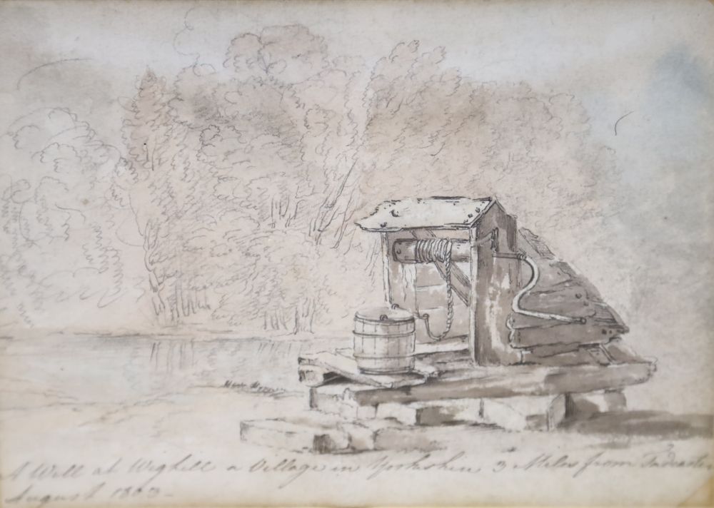 Attributed to Francis Towne (1739-1816), ink and watercolour, Eastern mediterranean landscape, 7 x 12.5cm and a sketch of a whale at Wi